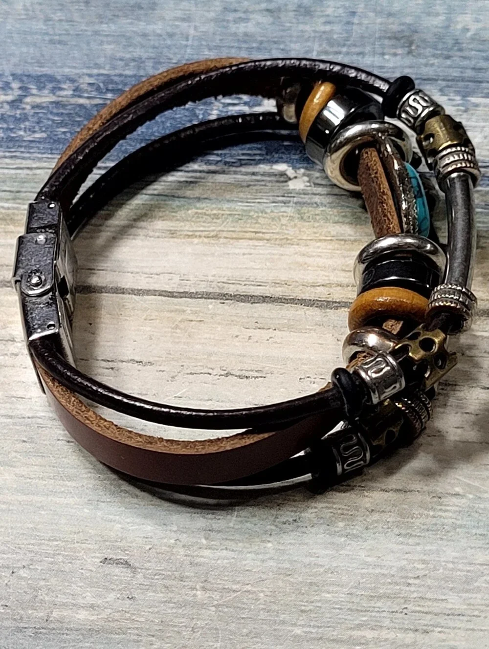 Leather Bead Bracelet with faux Turquoise Stone - Men Accessories